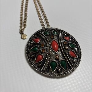 Vintage‎ Emmons Necklace Pendant Brooch Art Deco Enamel Green Coral Gold Tone